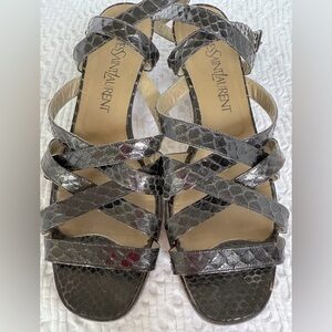 VINTAGE YVES SAINT LAURENT PYTHON STRAP BLOCK HEEL IN DEEP BROWN SZ 8.5